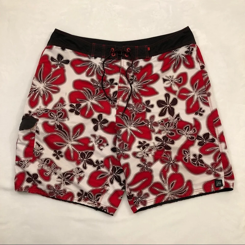 Rusty Surf Red & White Aloha Hawaiian Floral Board Shorts Swim Trunks Men’s 38